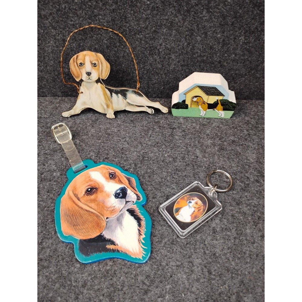 Beagle Dog Lot Luggage Tag Keychain Primitive Ornament and Cat's Meow 4 Pc Set